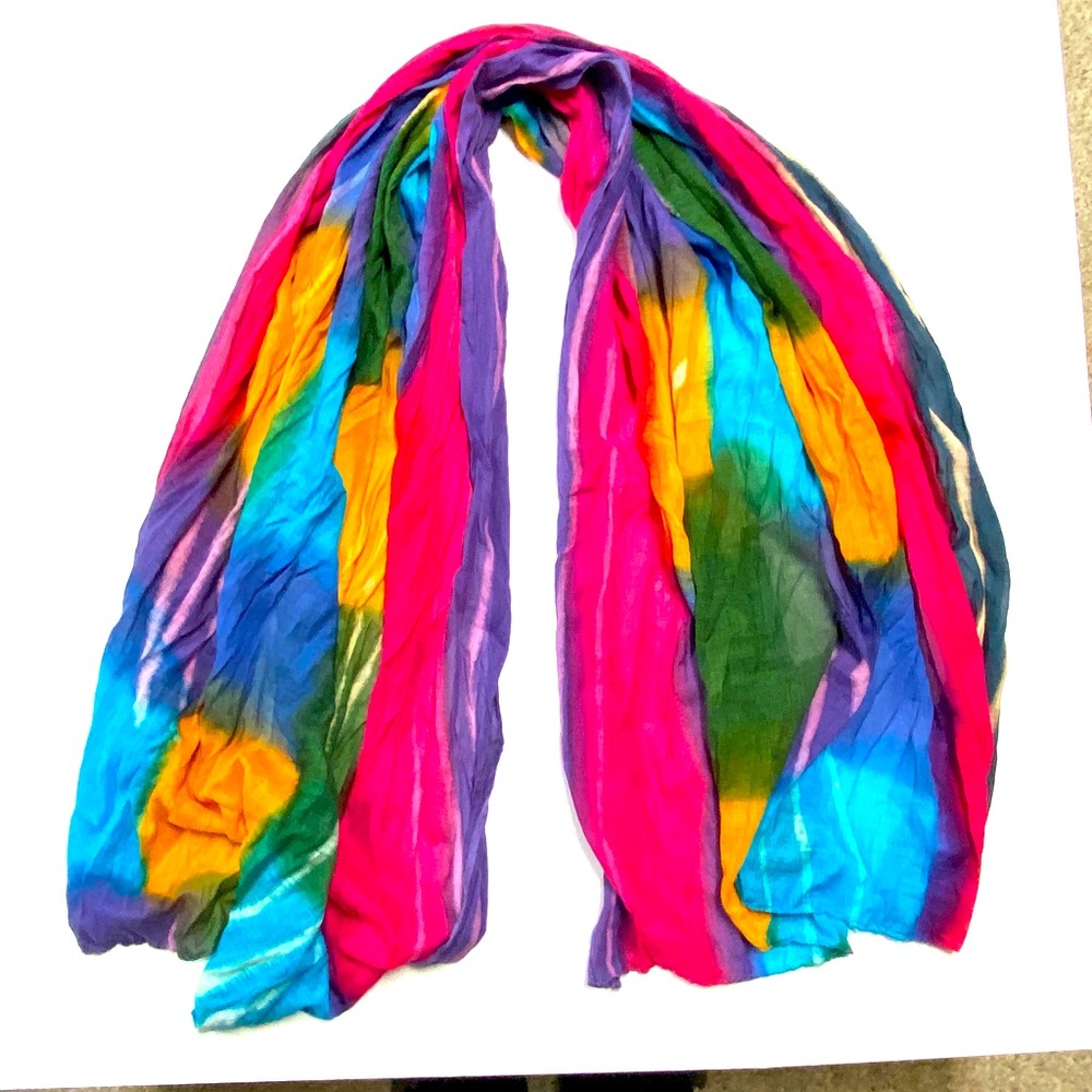 Rainbow colored tie dye watercolor scarf.